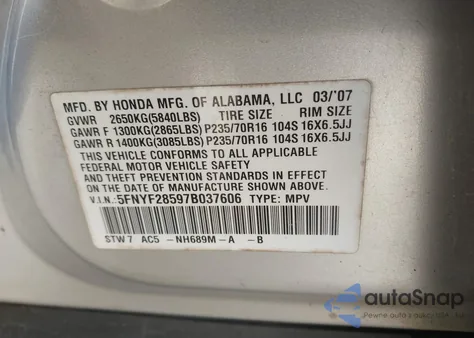 2007 Honda Pilot Ex-L z USA, uszkodzony, nr VIN 5FNYF28597B037606